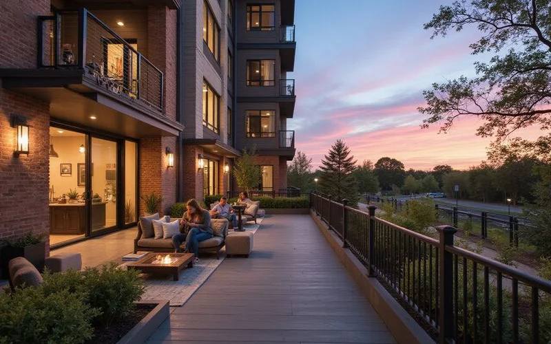 Amenity deck of a Houston luxury building at dusk