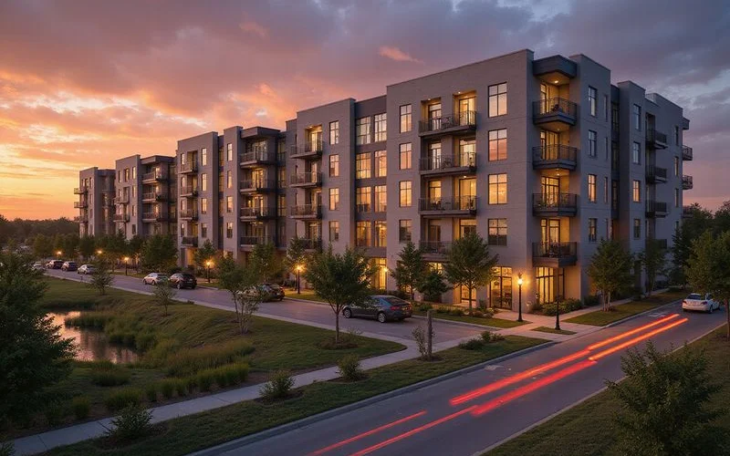 Apartment building near a light-rail line at dusk