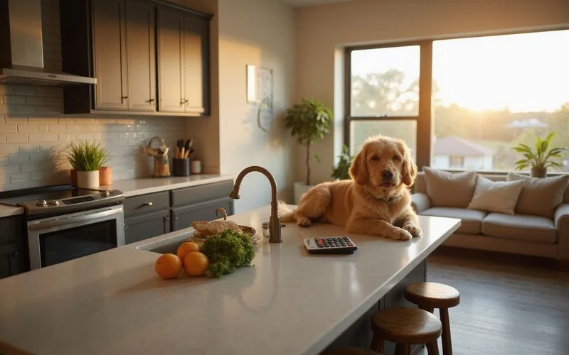 Calculator and pet supplies on a sunlit counter
