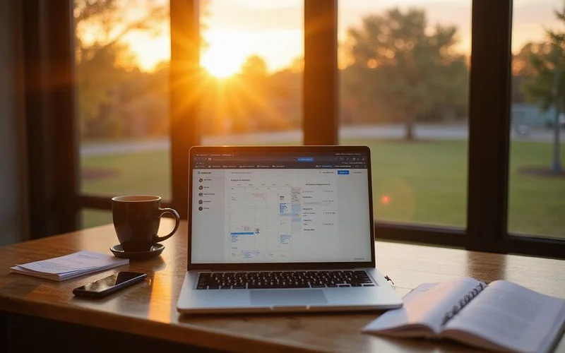 Calendar and lease options on a laptop at a sunlit desk
