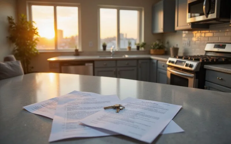 Documents and keys laid out on a kitchen counter