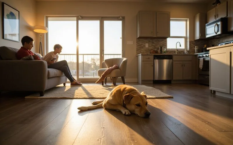 Dog resting on vinyl plank floors in a sunlit apartment