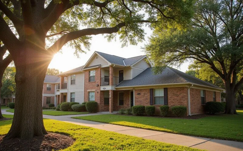Older Class B Houston apartment community exterior