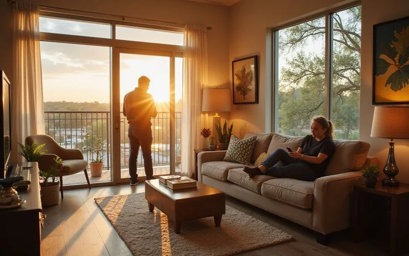Furnished living room in warm afternoon light