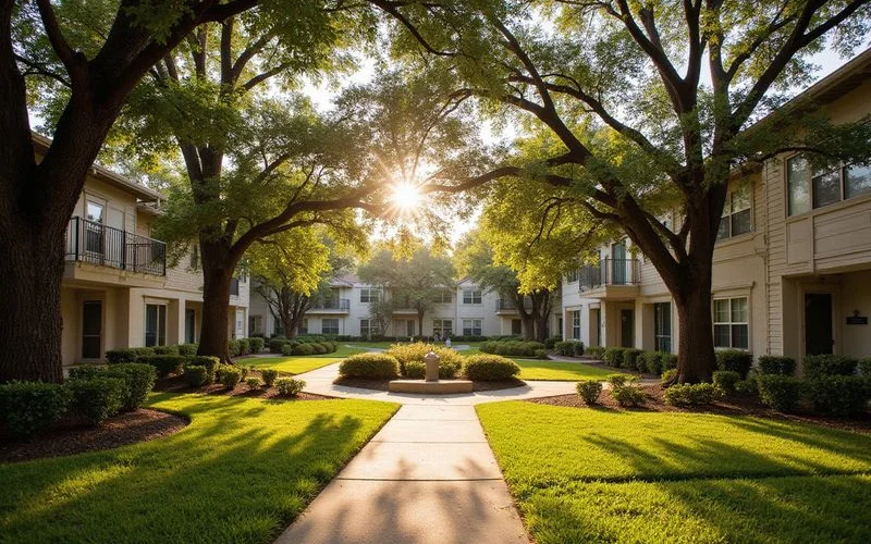 Garden-style apartment courtyard with mature trees