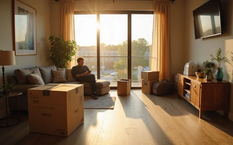 Half-packed moving boxes in a sunlit Houston apartment