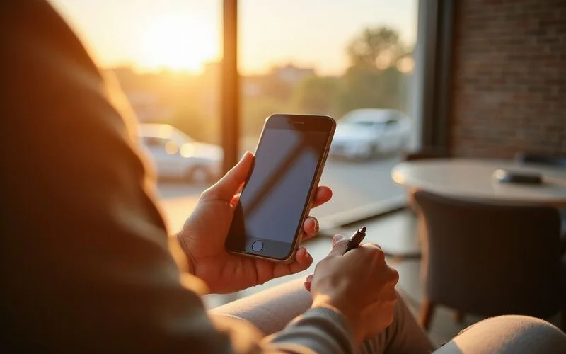Renter taking notes on a phone in a leasing office