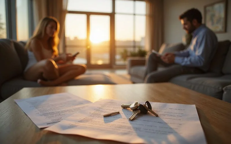 Keys and a lease on a counter in a sunlit apartment
