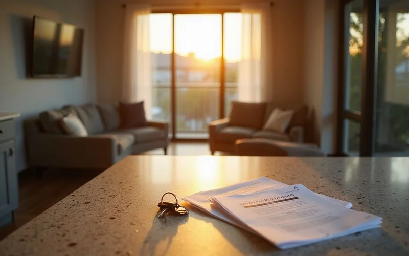 Keys and application papers on a sunlit counter