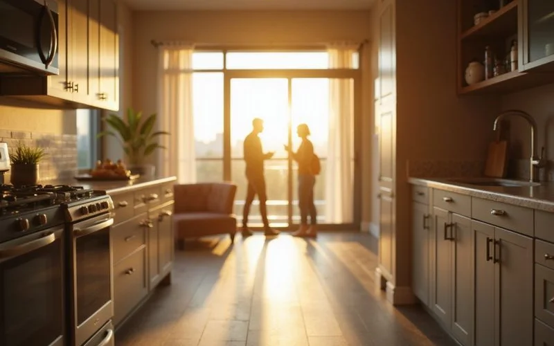 Keys on a counter in a sunlit apartment entryway