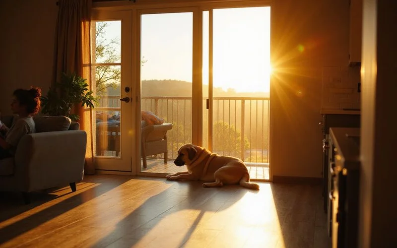Large dog by a patio door in golden-hour light