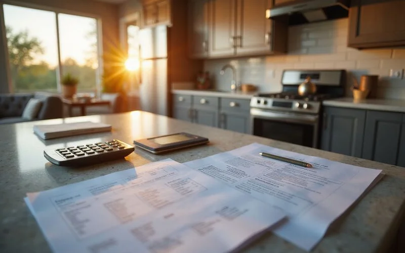Lease documents and a calculator on a kitchen counter