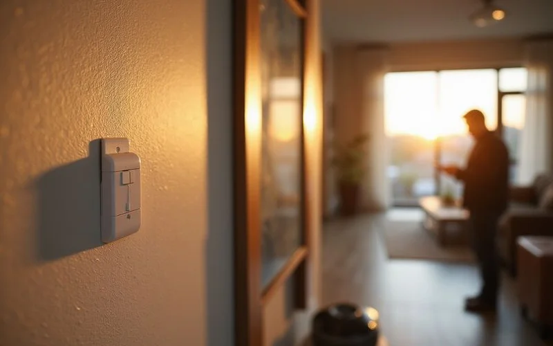 Thermostat and light switch on a wall in warm natural light