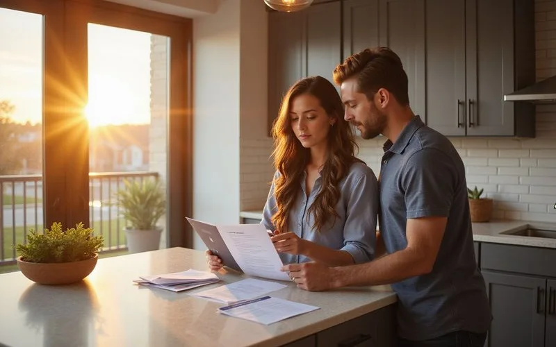 Locator and renter reviewing lease documents at a kitchen counter