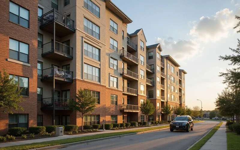 Mid-rise Houston apartment building exterior in warm light