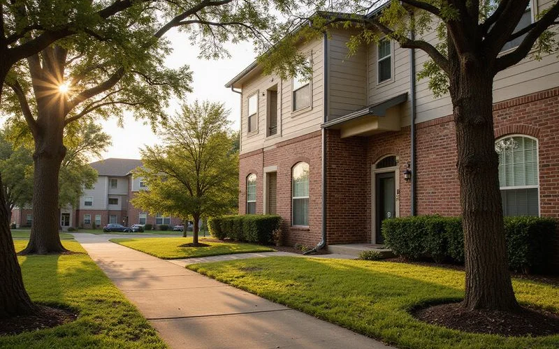 Older Houston apartment community exterior at golden hour
