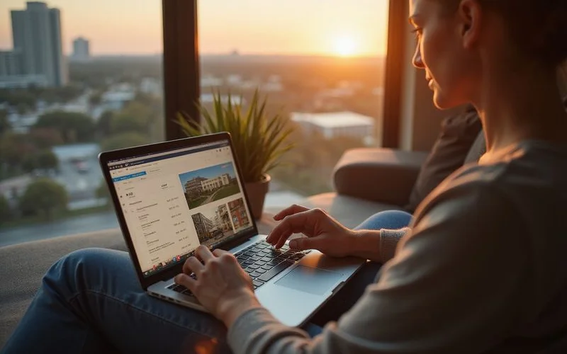 Renter running numbers on a laptop in an upscale apartment
