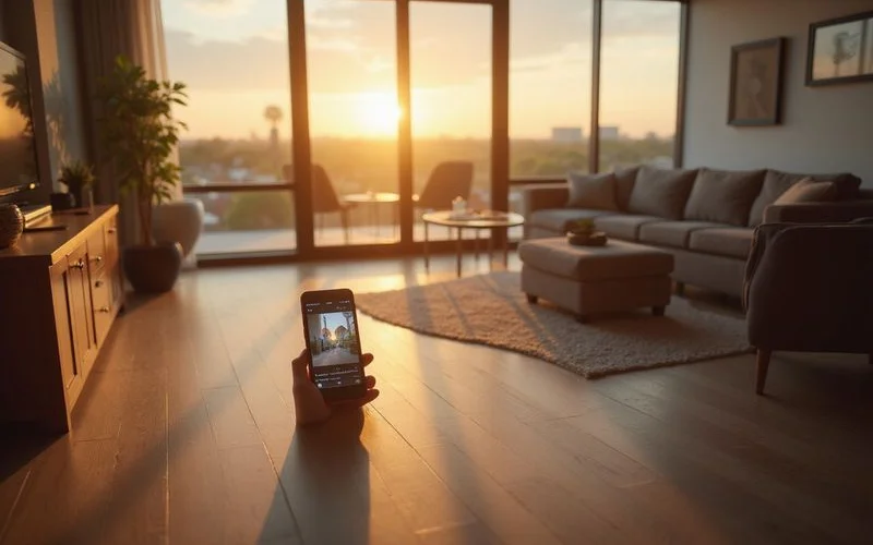 Phone showing a video walkthrough of a sunlit Houston apartment