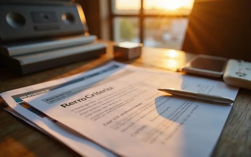Printed rental criteria sheet on a wood desk