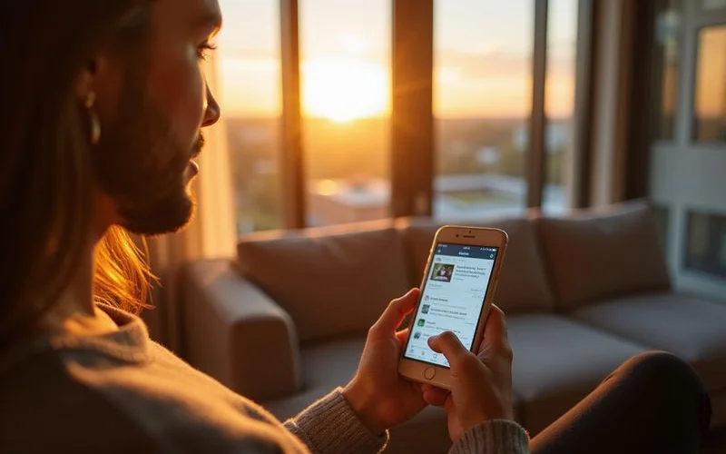 Renter calling a community about an apartment from a sunlit living room