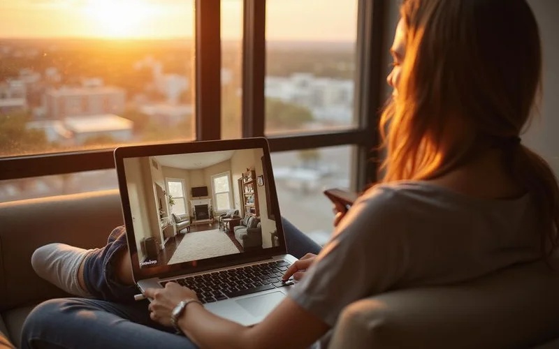 Renter watching a walkthrough video on a laptop from another city