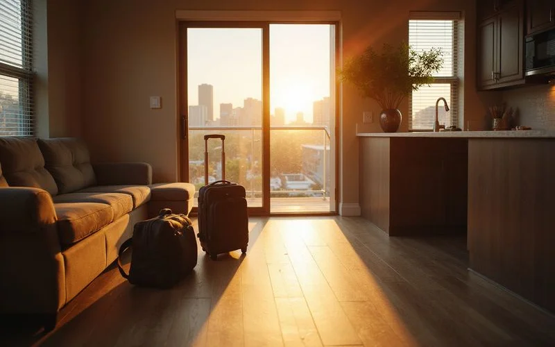 Suitcase and laptop bag by the door of a furnished apartment