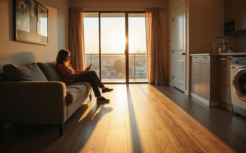 Sunlit modern Houston apartment interior seen from a couch
