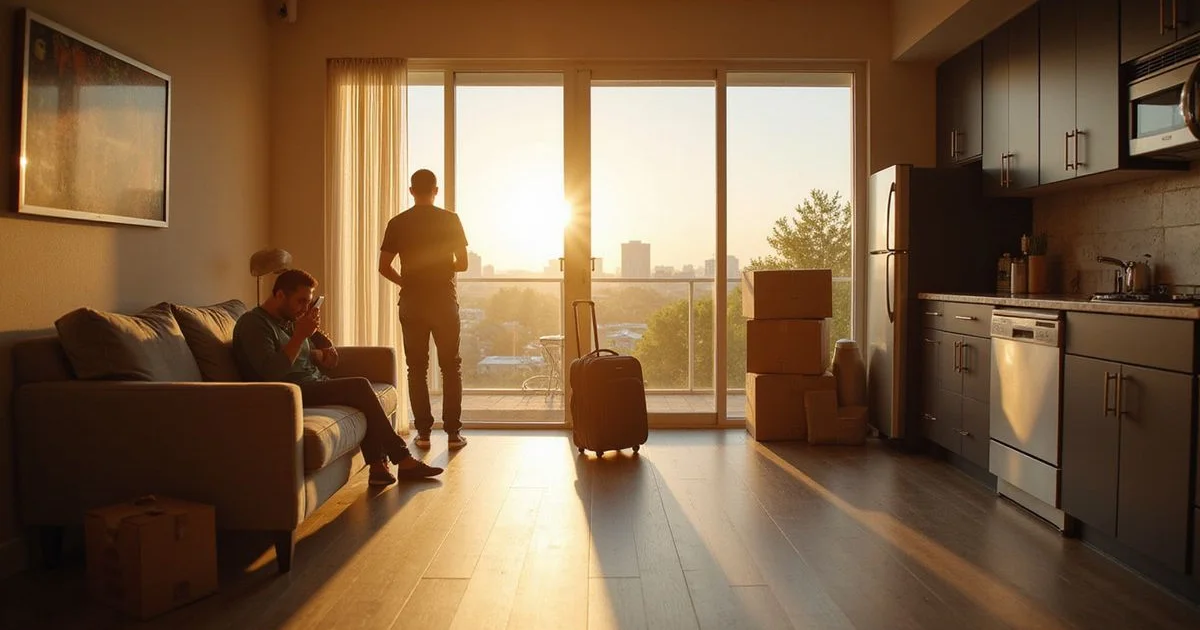 Furnished short-term Houston apartment with a suitcase by the door