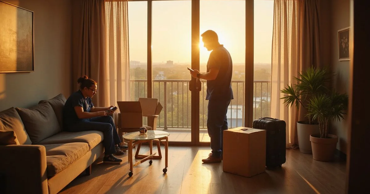 Healthcare worker arriving home to a Houston apartment at golden hour