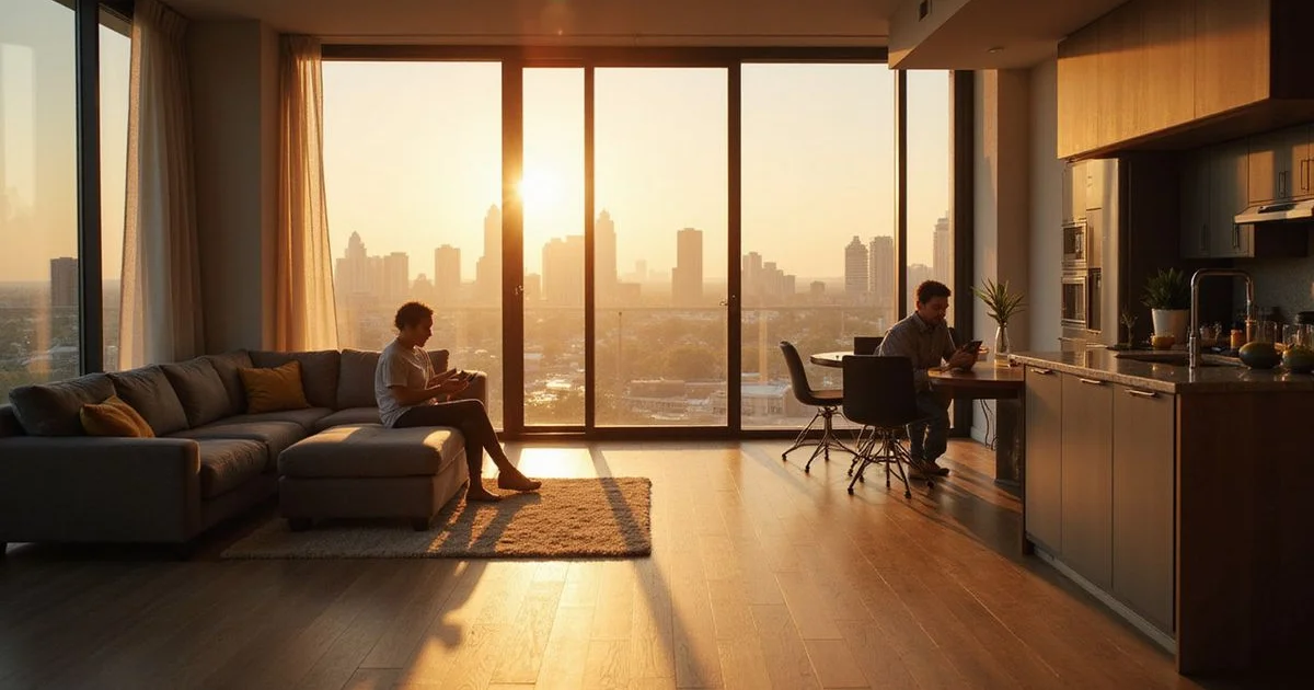 Houston high-rise apartment interior with skyline views at golden hour
