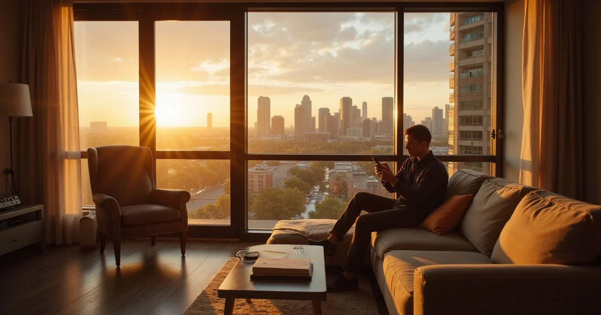 Houston skyline seen through large apartment windows at golden hour