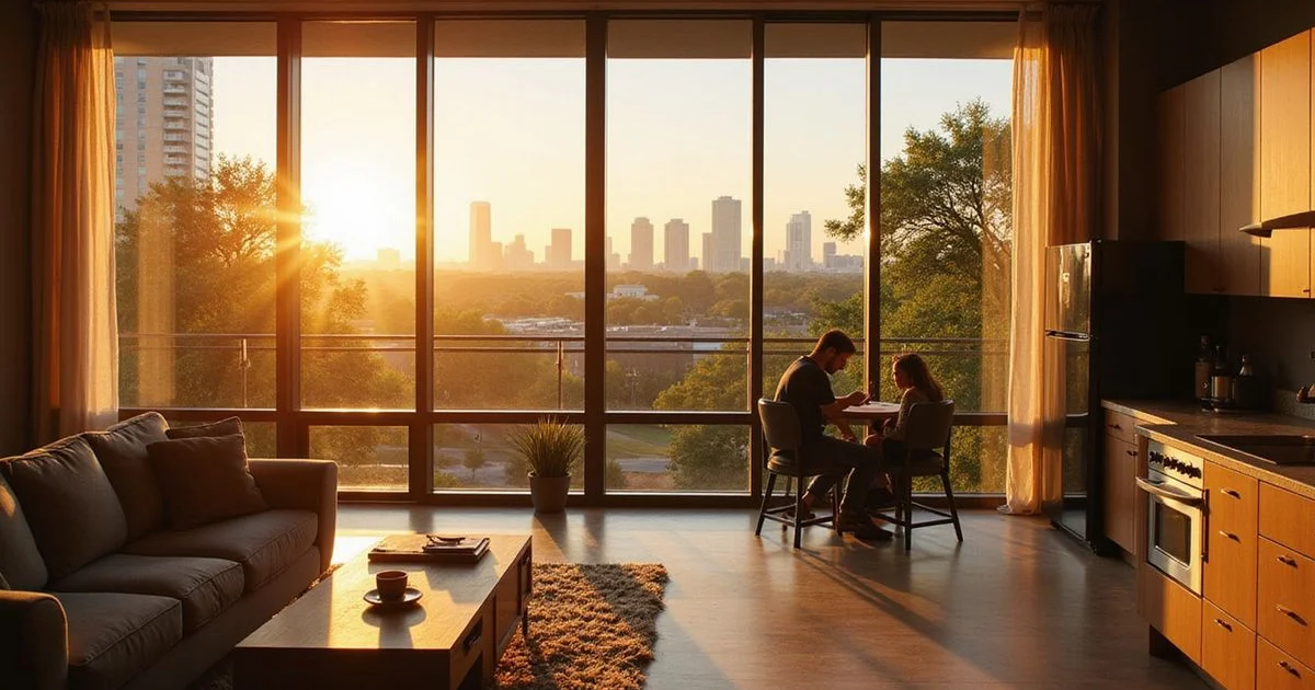Houston skyline showing different building types at golden hour
