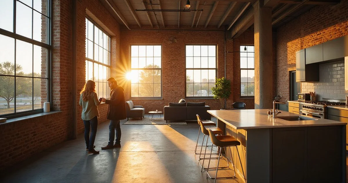 Industrial Houston loft interior with exposed brick and big windows