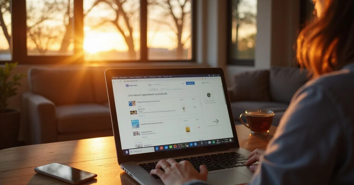 Laptop showing a live apartment availability list in warm office light