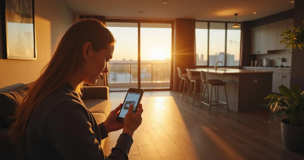 Locator filming a video walkthrough of a sunlit Houston apartment