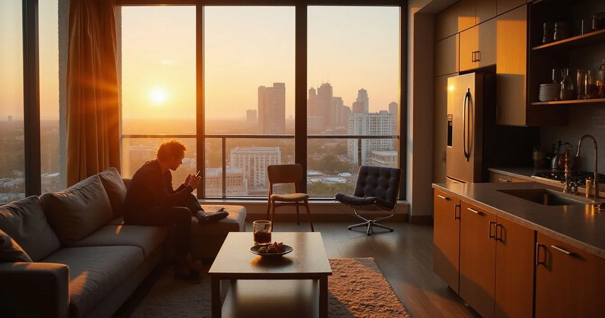 Luxury Houston apartment with skyline view at golden hour