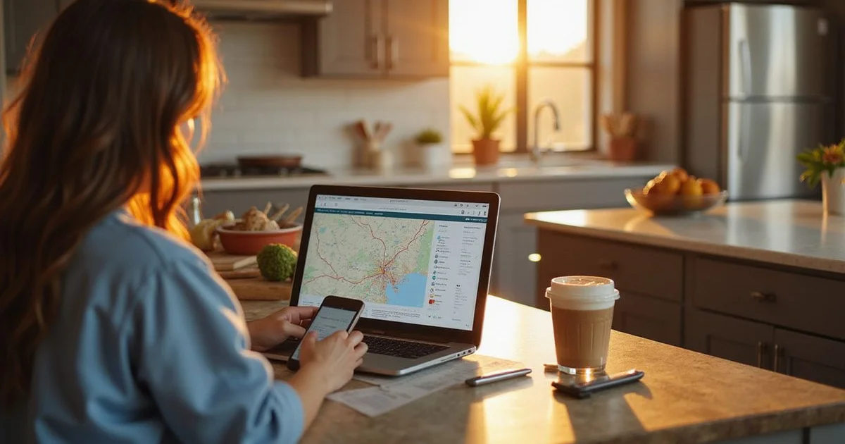 Out-of-state renter planning a Houston move with a map and laptop