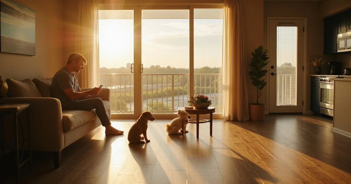 Owner with two dogs in a sunlit Houston apartment living room