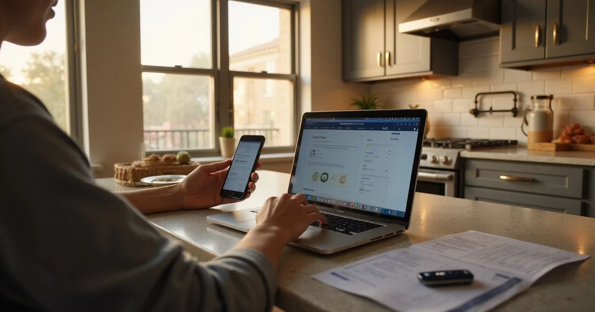 Renter comparing electricity plans on a laptop at a kitchen table