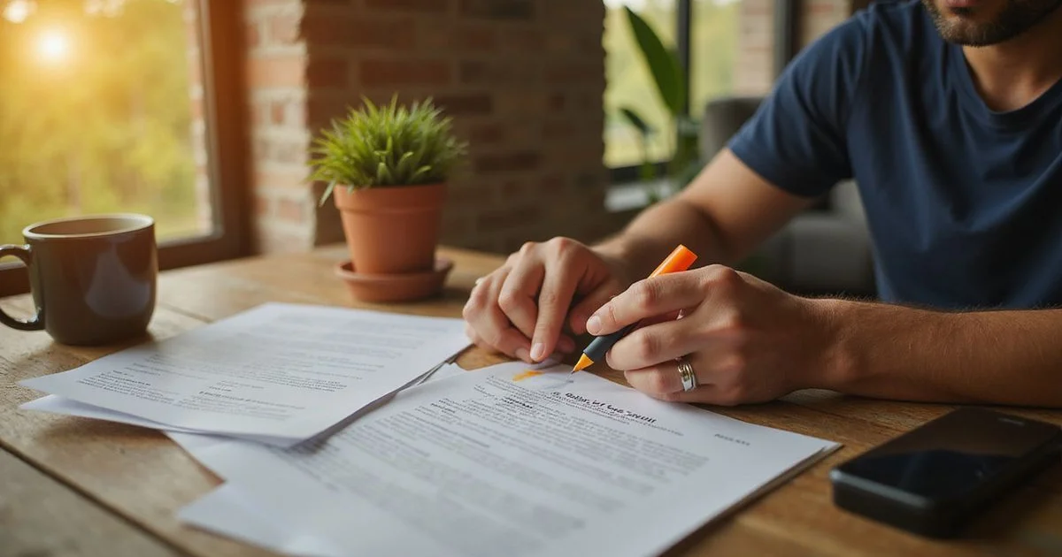 Renter reading lease fine print with a highlighter in warm afternoon light