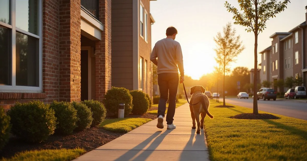 Person walking a large dog outside a Houston apartment community
