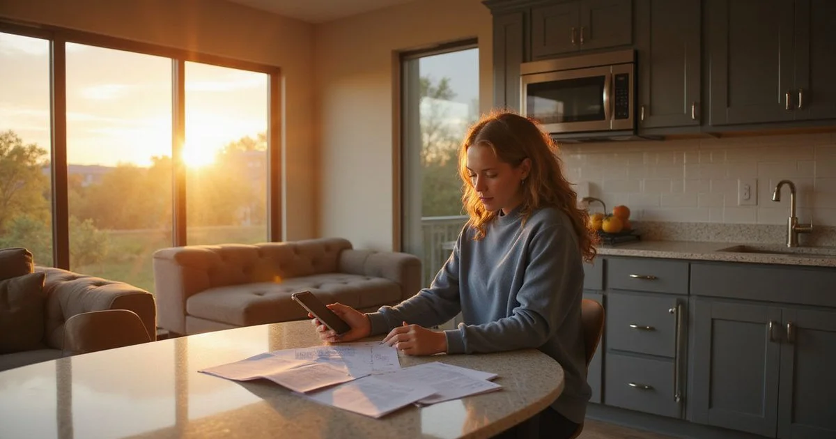 Renter working through Houston apartment rent math at a kitchen table