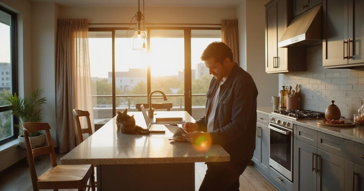 Pet owner reviewing lease costs on a laptop with a cat nearby