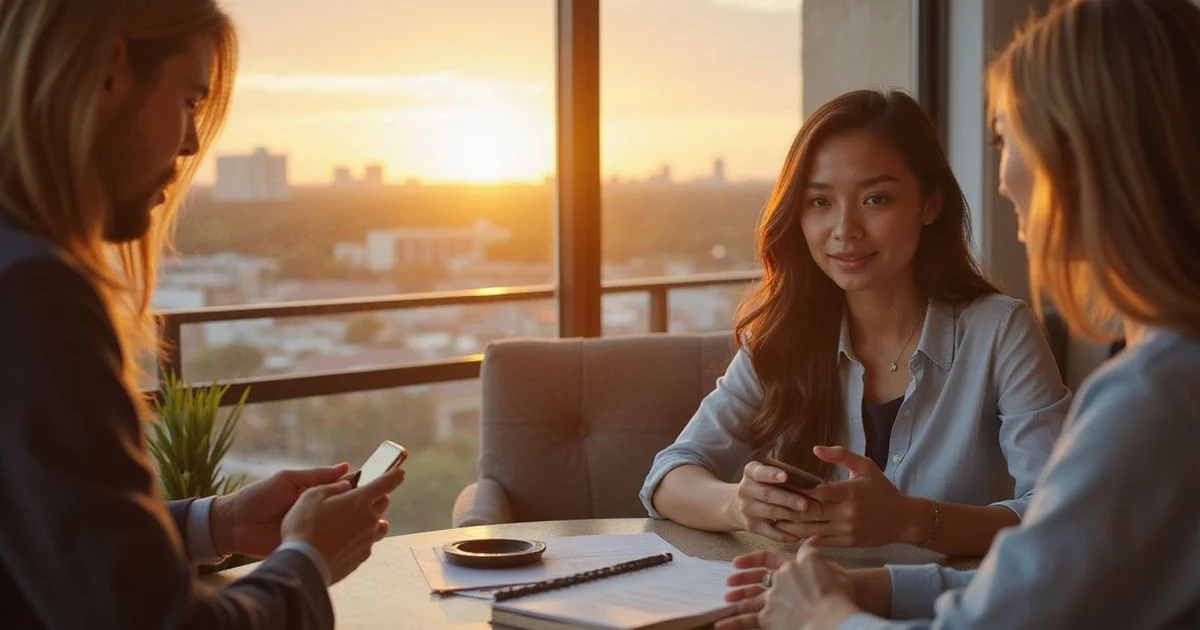 Renter talking with a leasing agent across a desk, agent out of focus