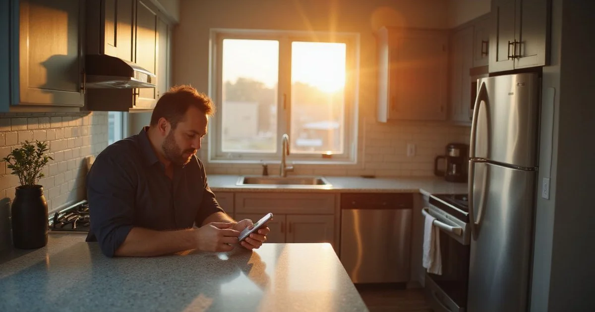 Renter checking a credit summary on a phone at a sunlit table