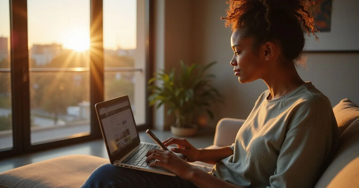 Renter emailing a leasing office from a sunlit room