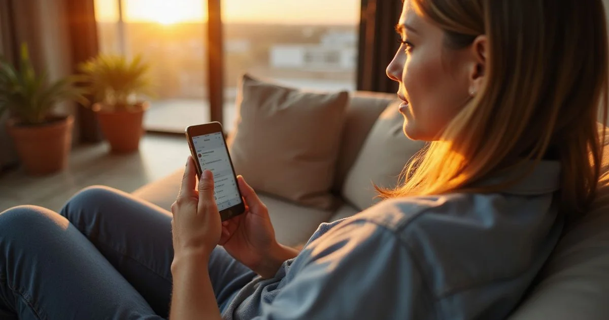 Houston renter reviewing a curated apartment list on a phone from a couch