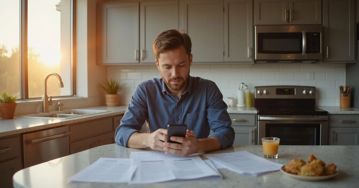 Renter reading screening and court paperwork at a kitchen table