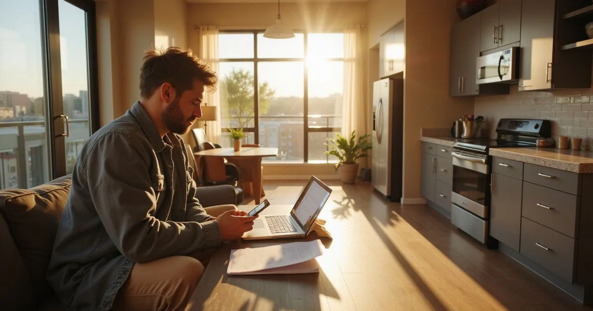 Renter reviewing a lease renewal notice at a desk in warm natural light