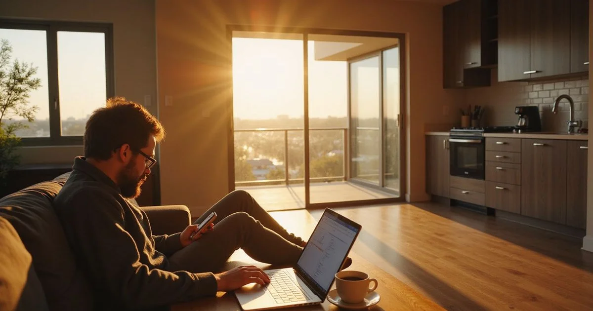 Renter reviewing a screening report on a laptop with coffee